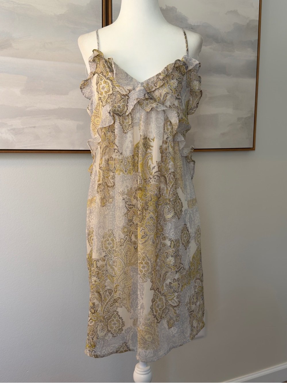 Gilli Paisley Ruffle Slip Mini Dress | Size Large | Neutral Boho Sundress